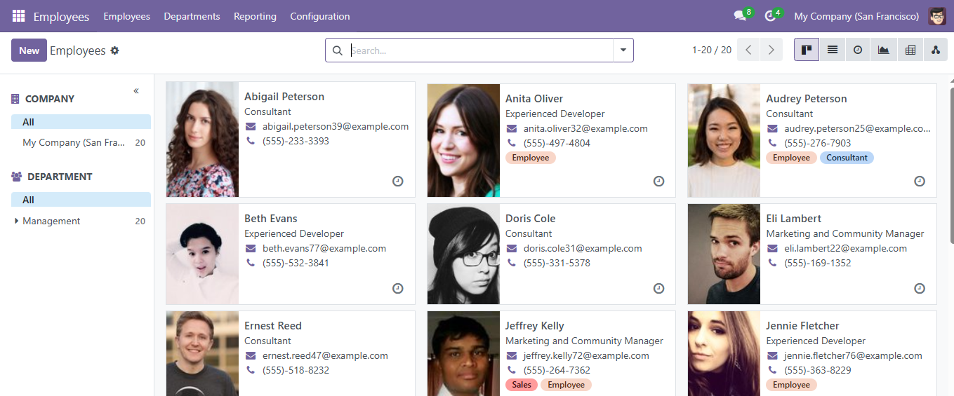 لقطة شاشة لوحدة الموارد البشرية في Odoo